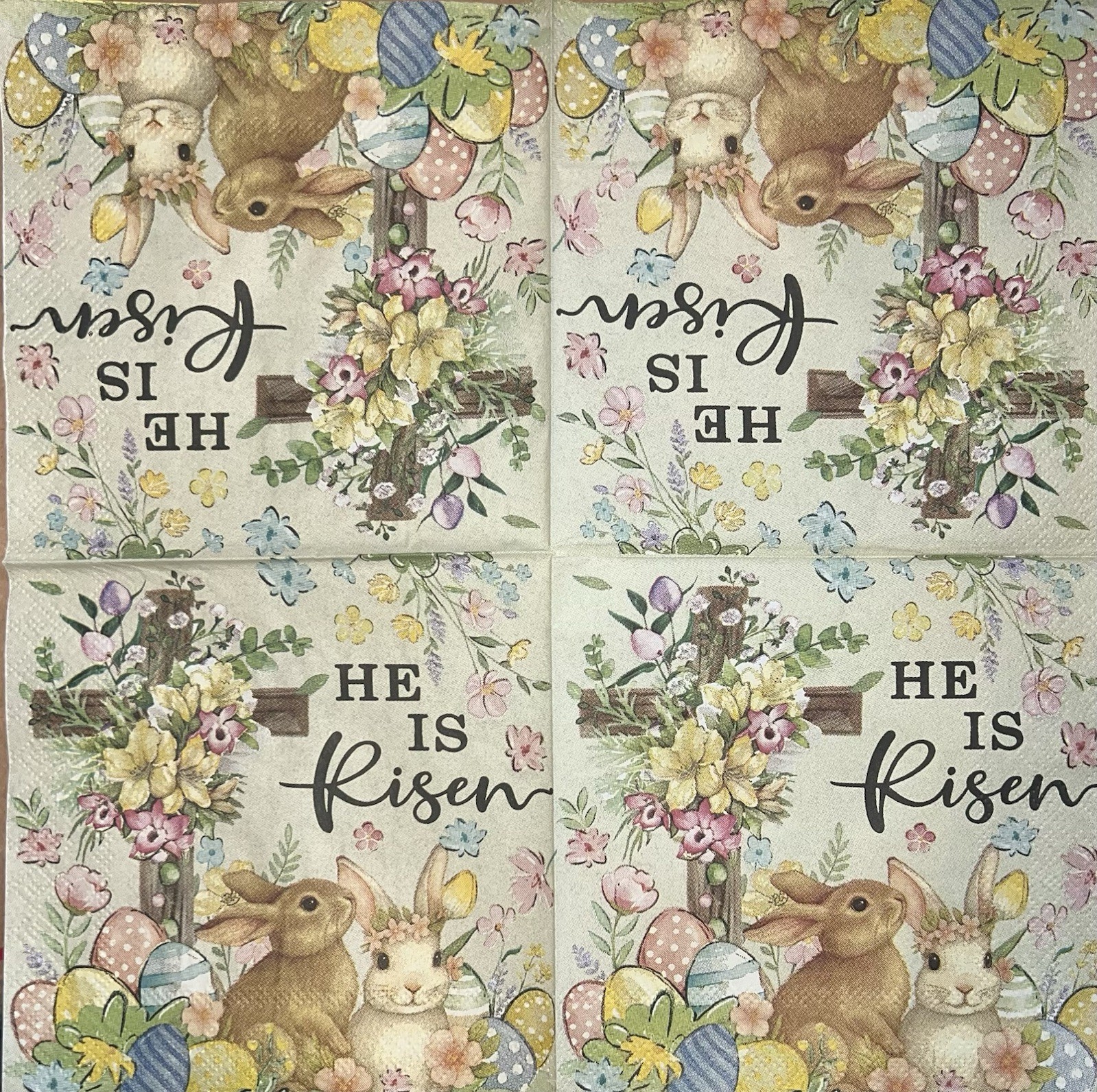 TWO Paper Beverage Decoupage Craft Napkins Easter Cross/He Is risen Rabbits 5”x5