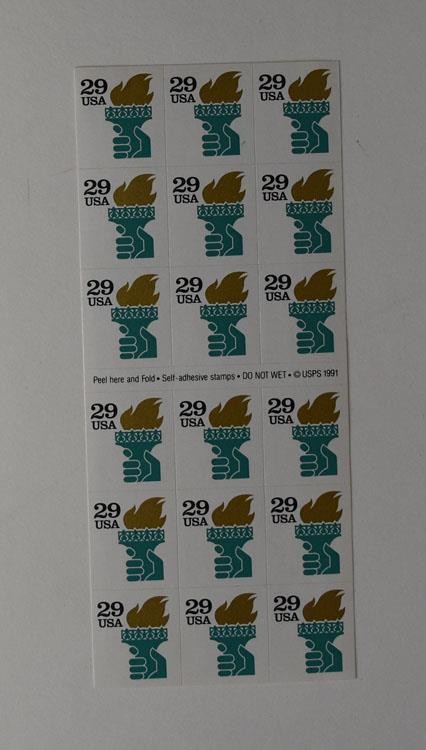 US SCOTT 2531A-b BOOKLET OF 18 LIBERTY TORCH STAMPS 29 CENT FACE MNH