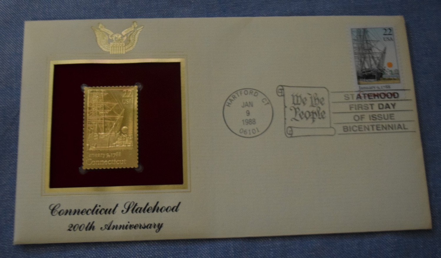 1988 FIRST DAY ISSUE 22 CENT STAMP GOLD HARTFORD, CT