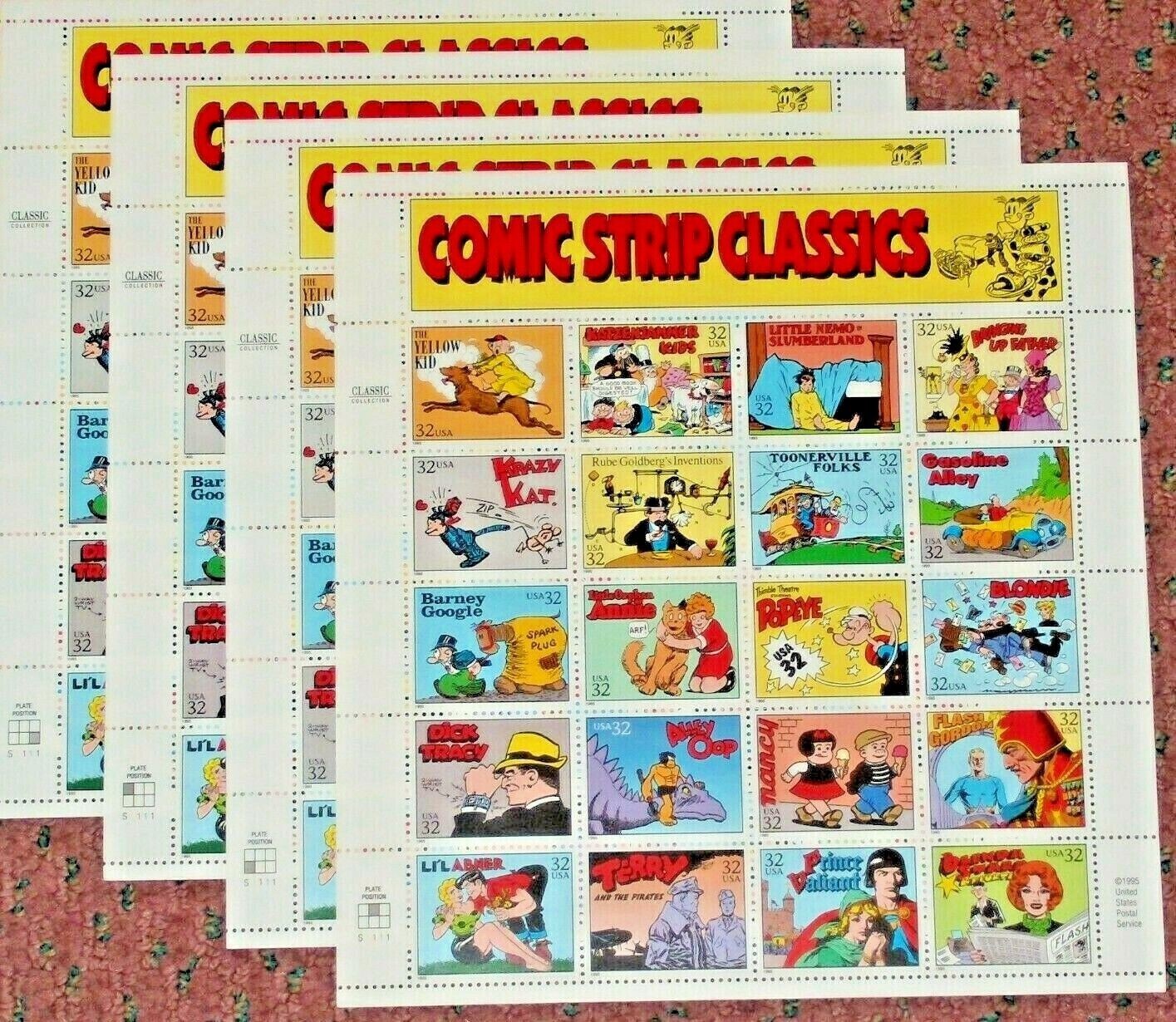 Four Sheets x 20 = 80 of COMIC STRIP CLASSICS 32¢ US Postage Stamps. USA Sc 3000