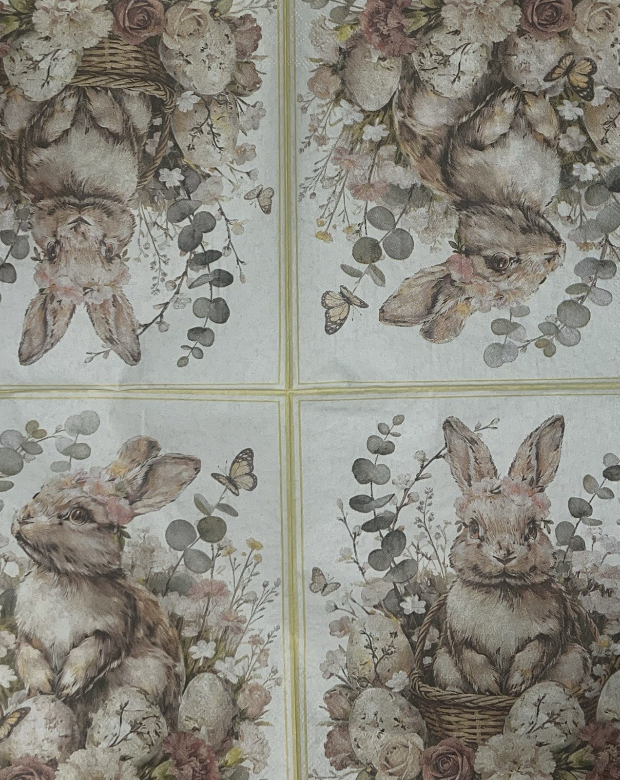 Two Paper LUNCHEON Decoupage Vintage Napkin Easter Bunny wildflower Rabbits 6.5”