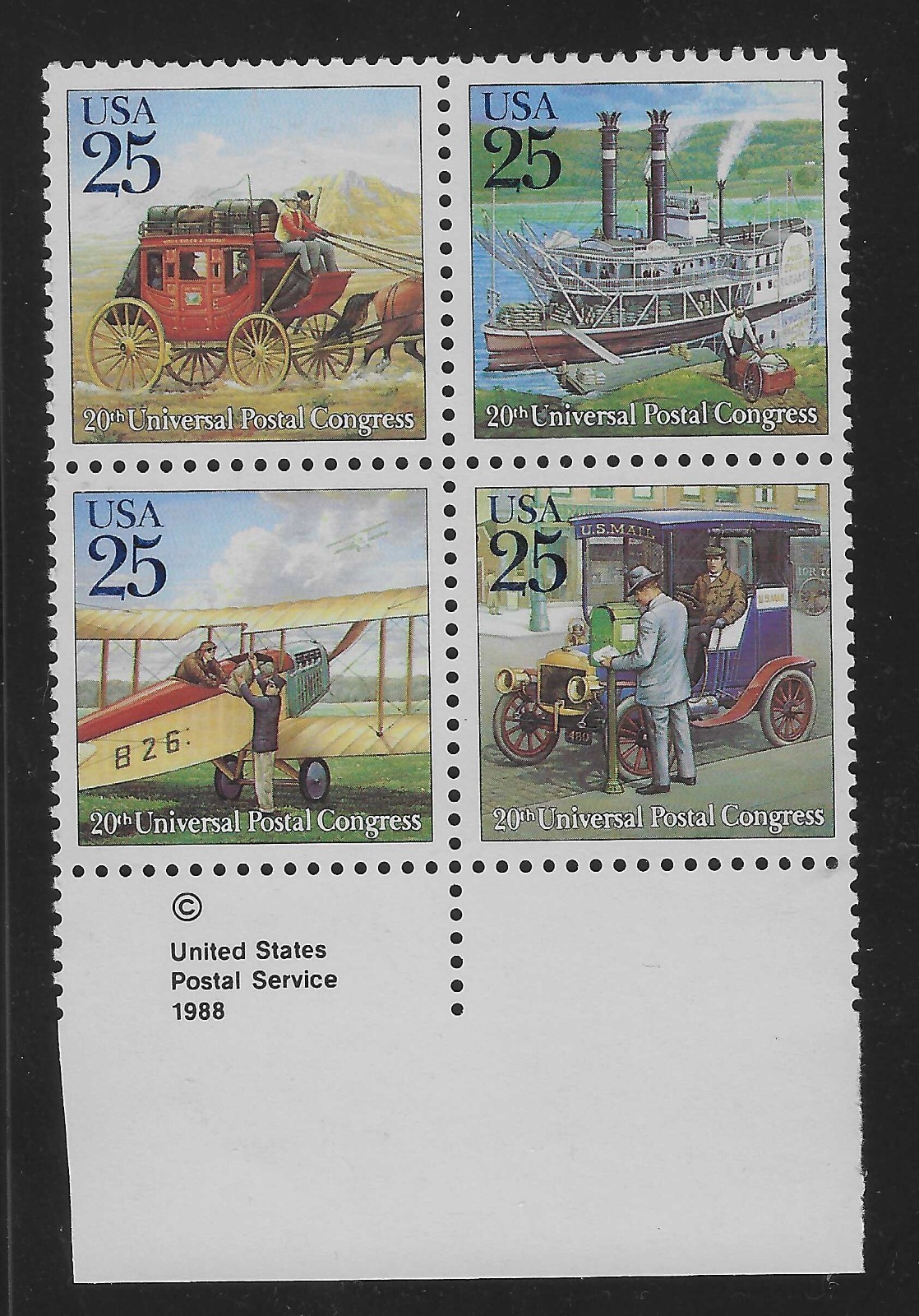 US # 2434-2438, 20th Universal Postal Congress Classic Mail, 25 Cent, 1988