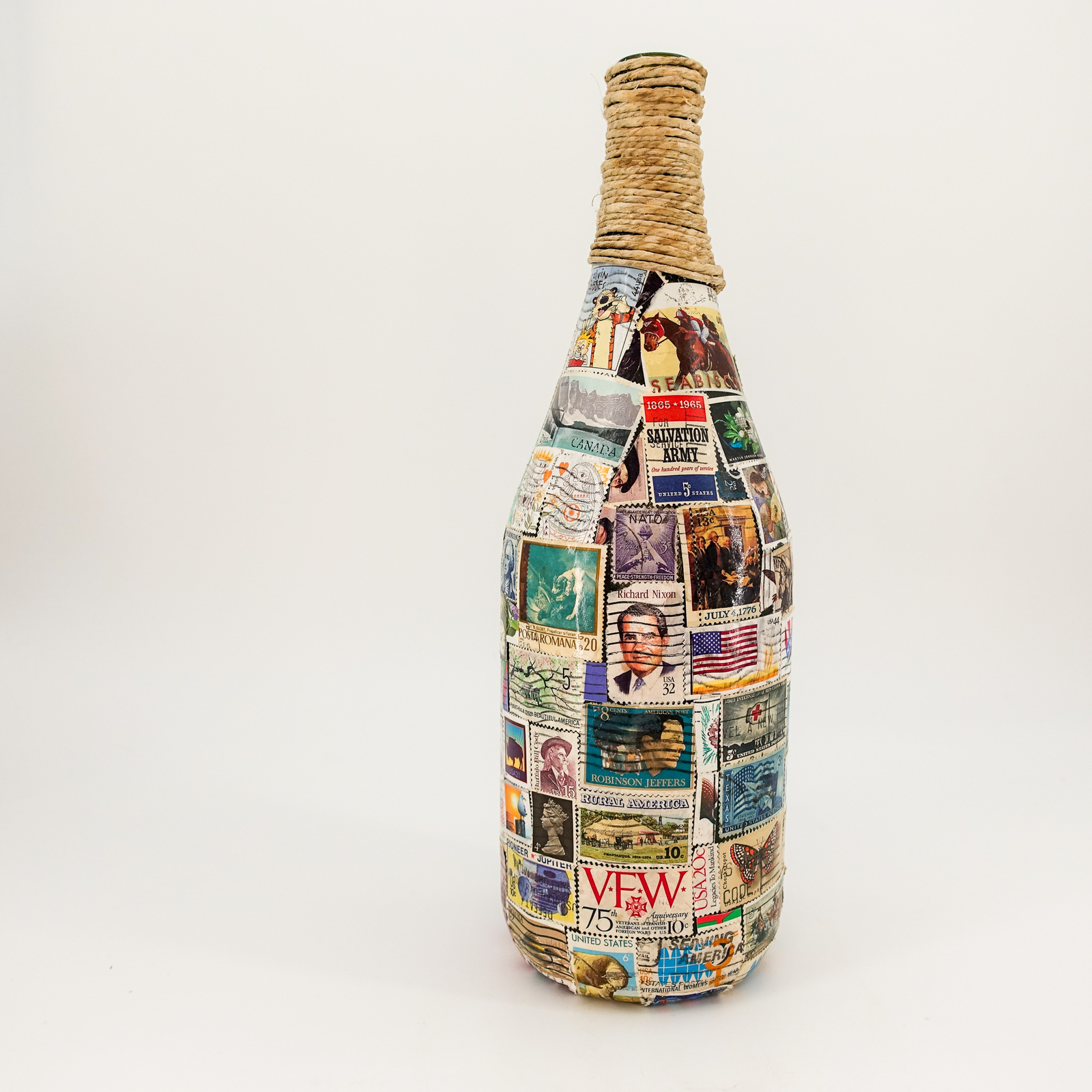 US Postage Stamp Covered Bottle Handmade Pop Culture Art “The Last One Mom Made”