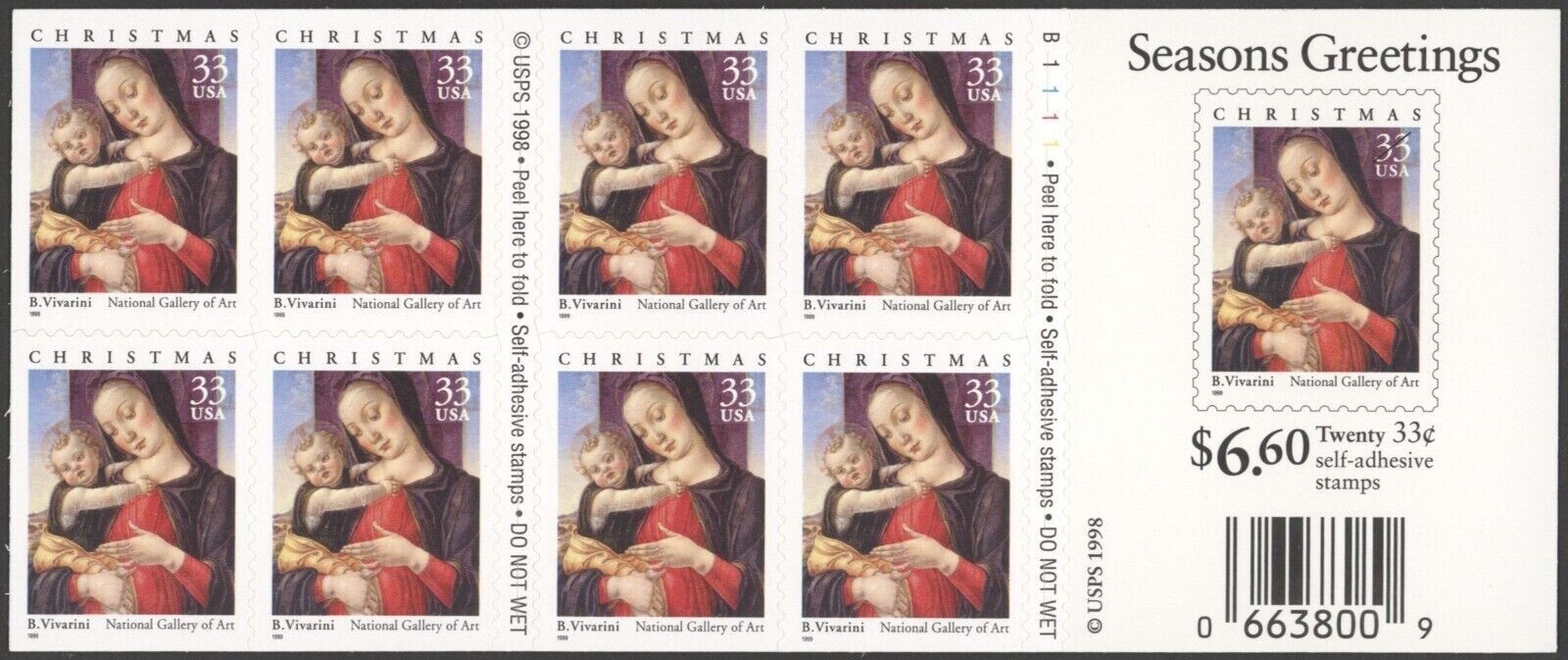 Three x 20 = 60 of MADONNA & CHILD 33¢ US Christmas Stamps by B. Vivarini 3355a