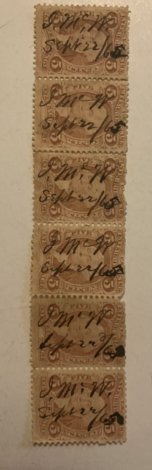 Vintage Stamps- Row of 6 attached 5c U.S. Internal Revenue Express Stamps (1865)