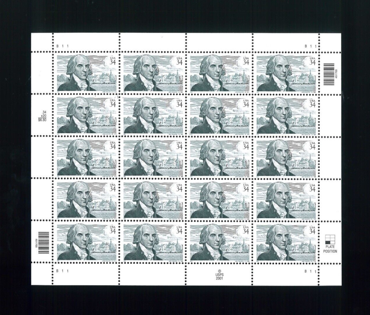 United States 34¢ President James Madison Postage Stamp #3545 MNH Full Sheet