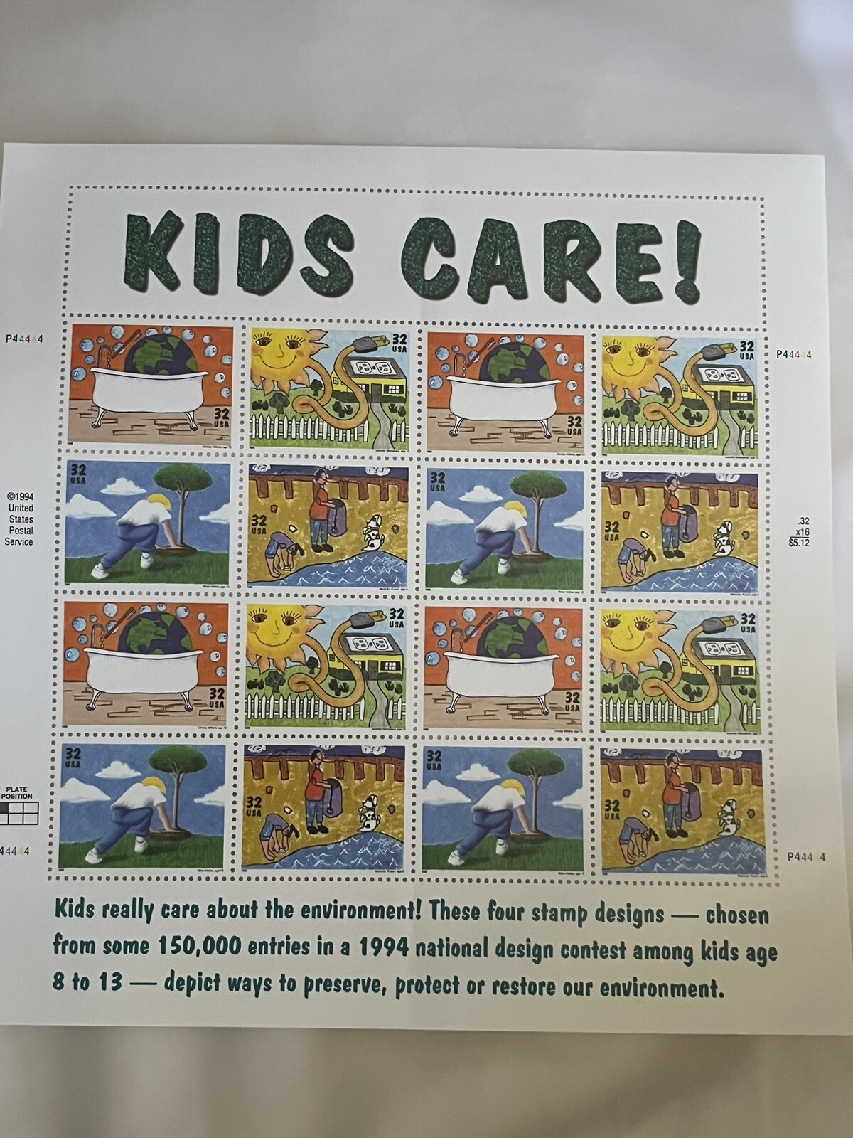 1994 Full Sheet 32 Cent 16 Stamps Kids Care