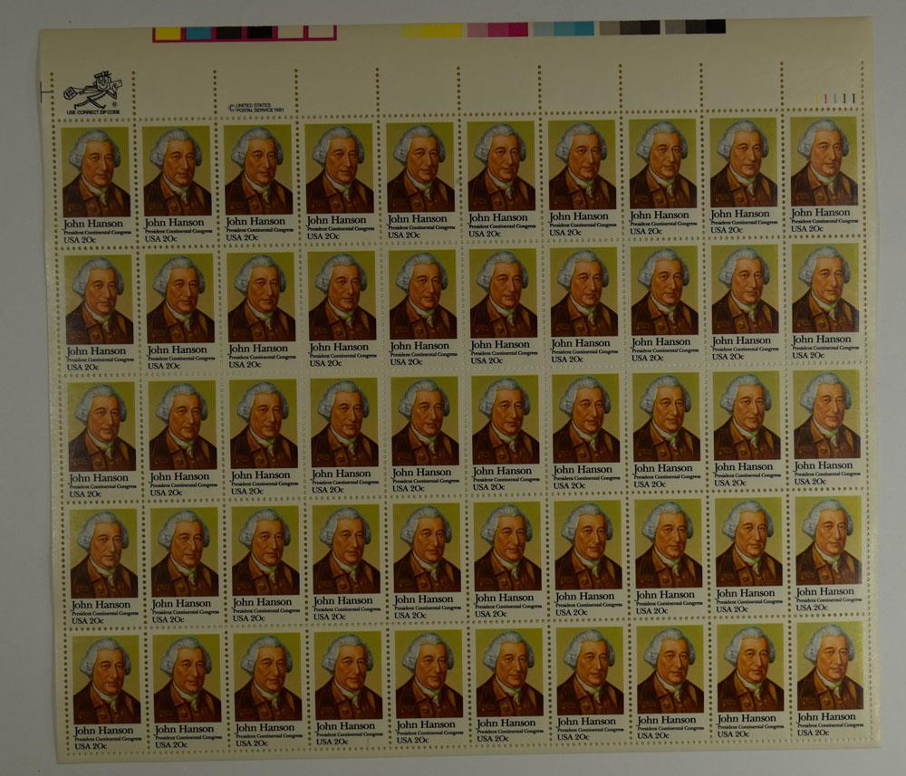 US SCOTT 1941 PANE OF 50 JOHN HANSON STAMPS 20 CENT FACE MNH