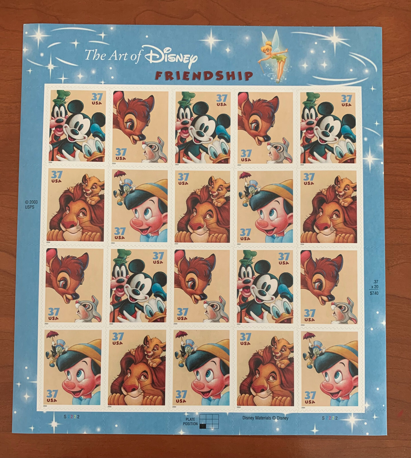 2004 US 37c POSTAGE STAMPS #3865-3868 ART OF DISNEY FRIENDSHIP MNH SHEET OF 20