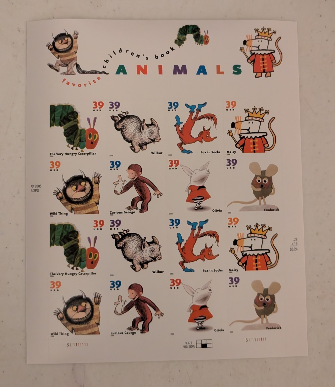 USPS Favorite Children’s Book Animals 39¢ Sheet of 16 Free Shipping
