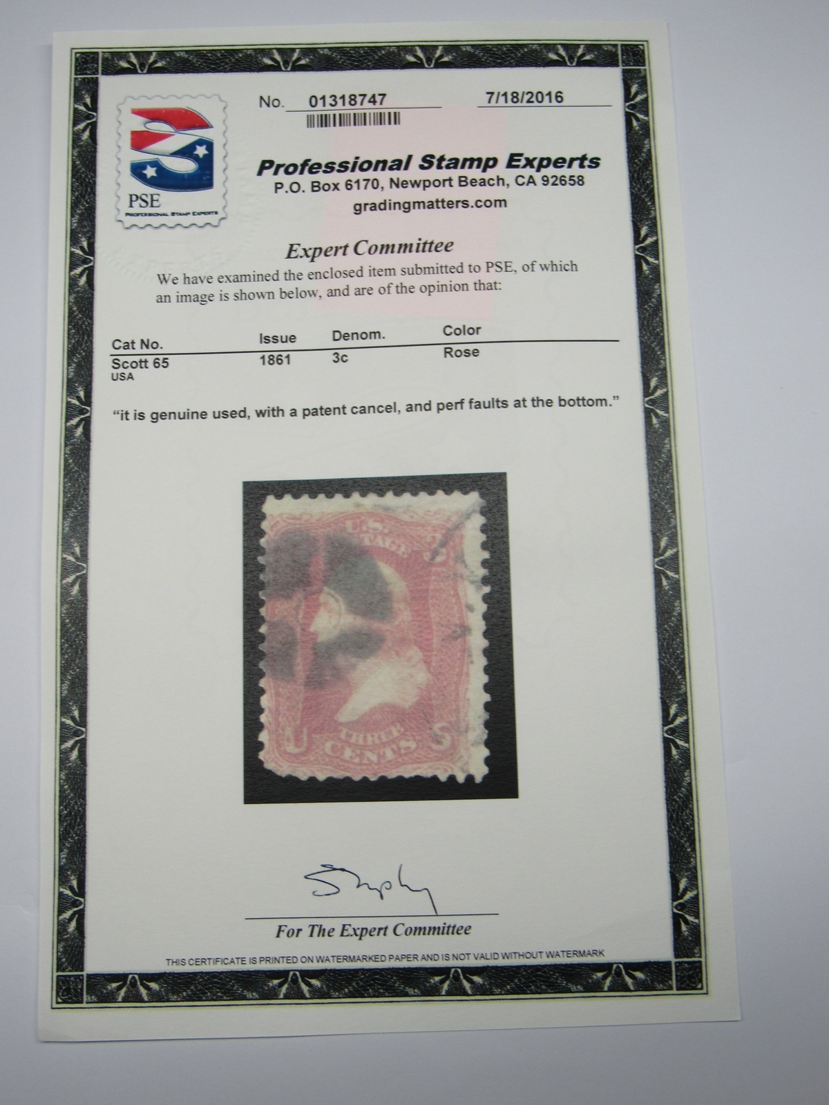 PSE Certified Stamp!! 1861 U.S. POSTAGE 3¢ Genuine Used STP-11-IB