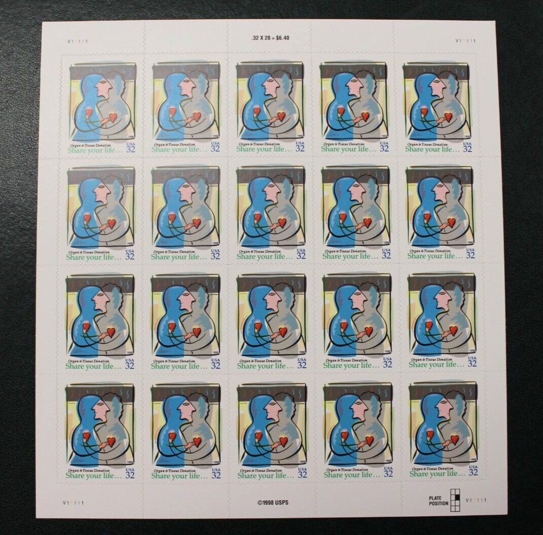 US SCOTT 3227: SHEET OF 20 ORGAN DONATION STAMPS – 32 CENT FACE MNH / 1998