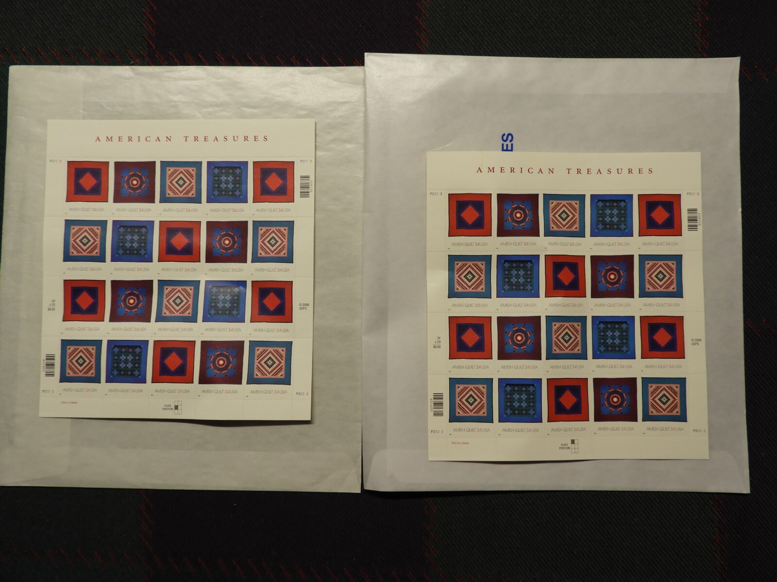 2 sheets – Amish Quilts Postage Stamps – #3524 – US 34¢ – MNH
