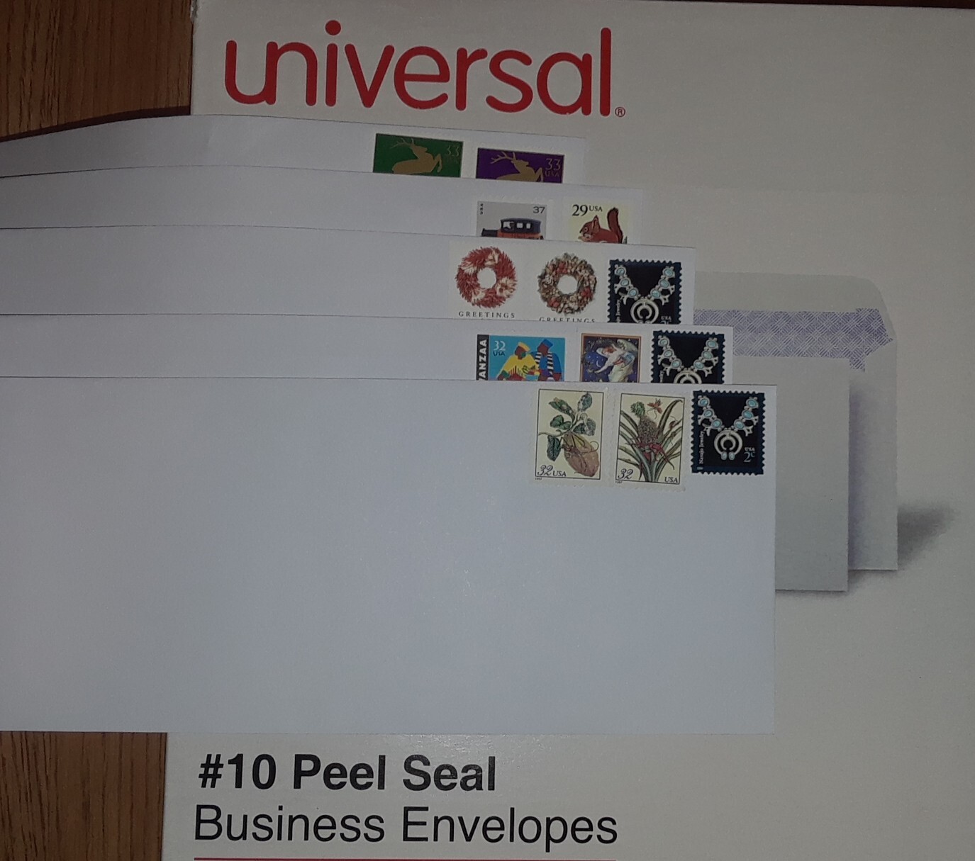 100 #10 Pull & Seal Security White Wove 24lb Envelopes COMBO 73¢ Christmas stamp