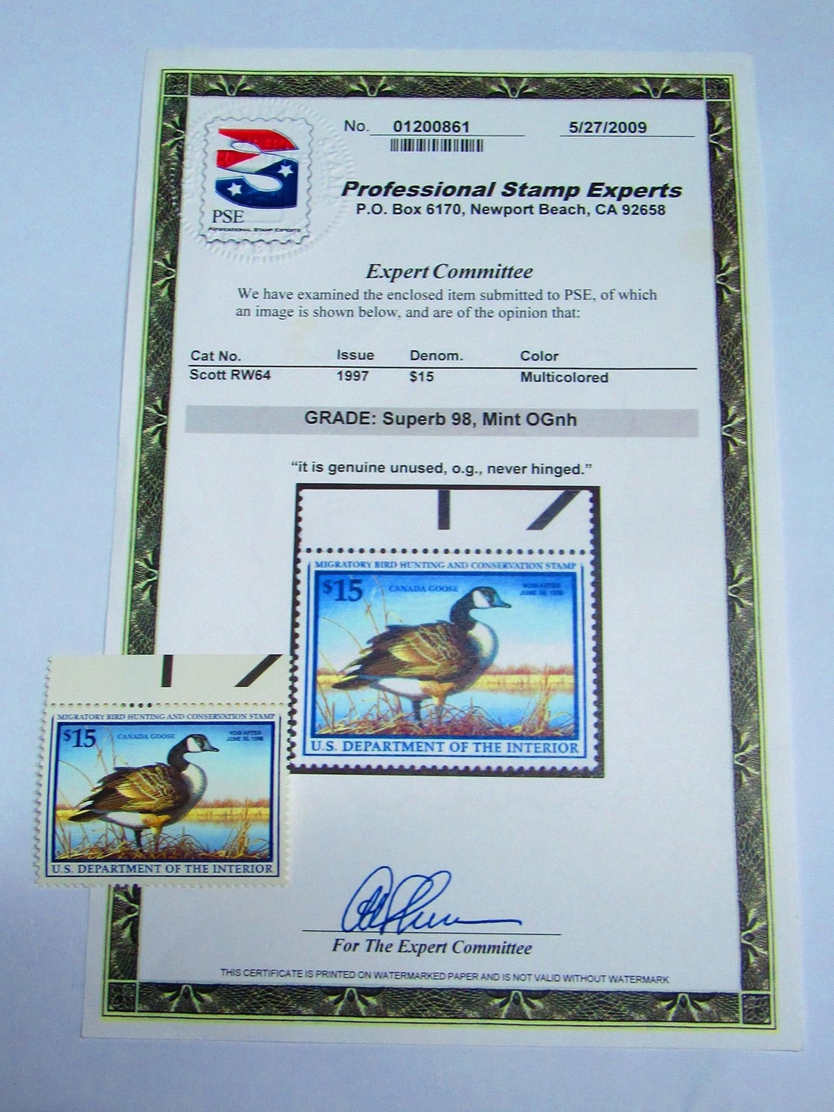 PSE Certified Stamp! 1997 U.S. DEPARTMENT OF INTERIOR $15 Stamps STP-115-IB
