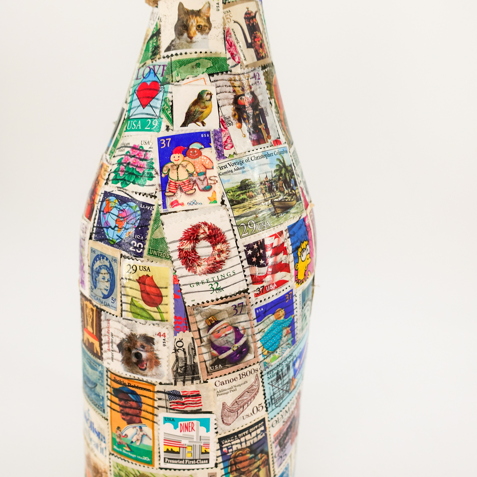 US Postage Stamp Covered Bottle Handmade Pop Culture Art “The Last One Mom Made”