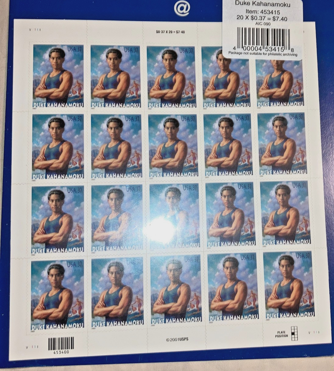 MINT SHEET of 20 US Stamps-DUKE KAHANAMOKU-Iconoc Surfer Hawaii-2001-37 cent-