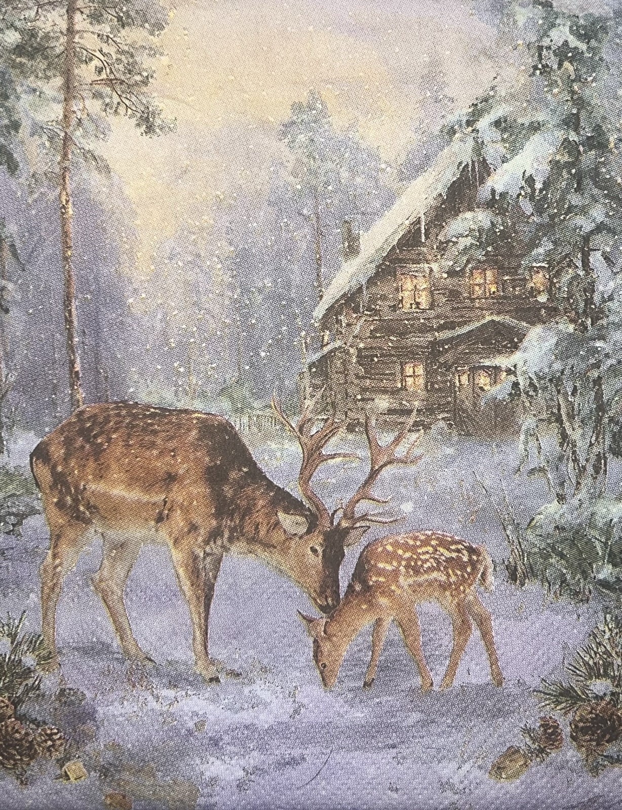 Two Individual paper Luncheon Decoupage Napkins Deer/snow/trees/cabin 6.5”