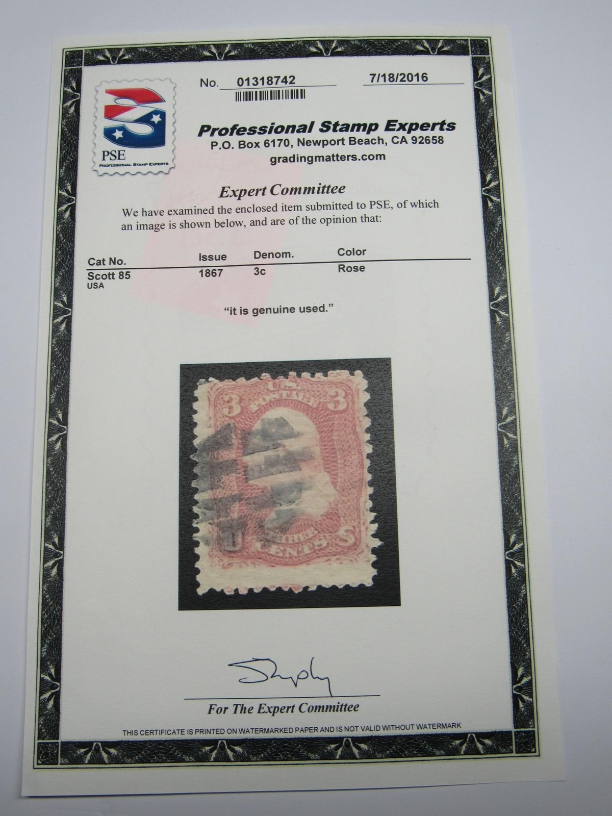PSE Certified Stamp! 1867 U.S. POSTAGE 3¢ Genuine Used Stamp STP-13-IB