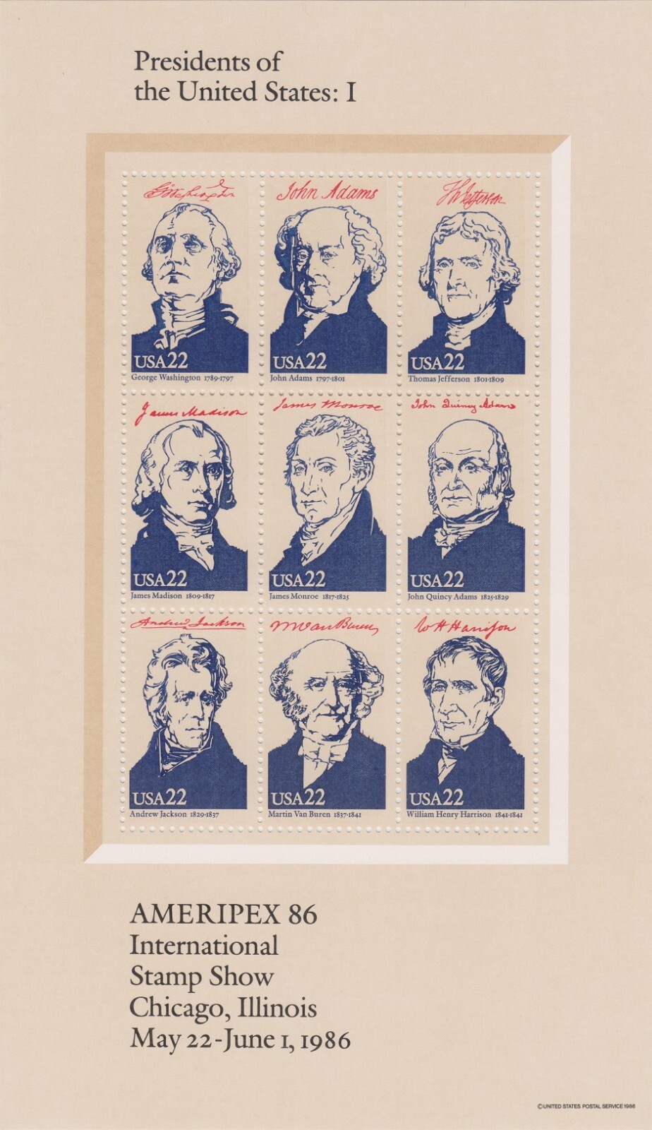 Presidents of the United States Ameripex 86 Presidential Mint Set Postage Stamps