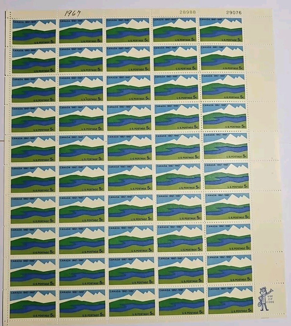 Stamp US Postage 5c 5 Cent Sheet OF 50 Stamps Canada 1867-1967