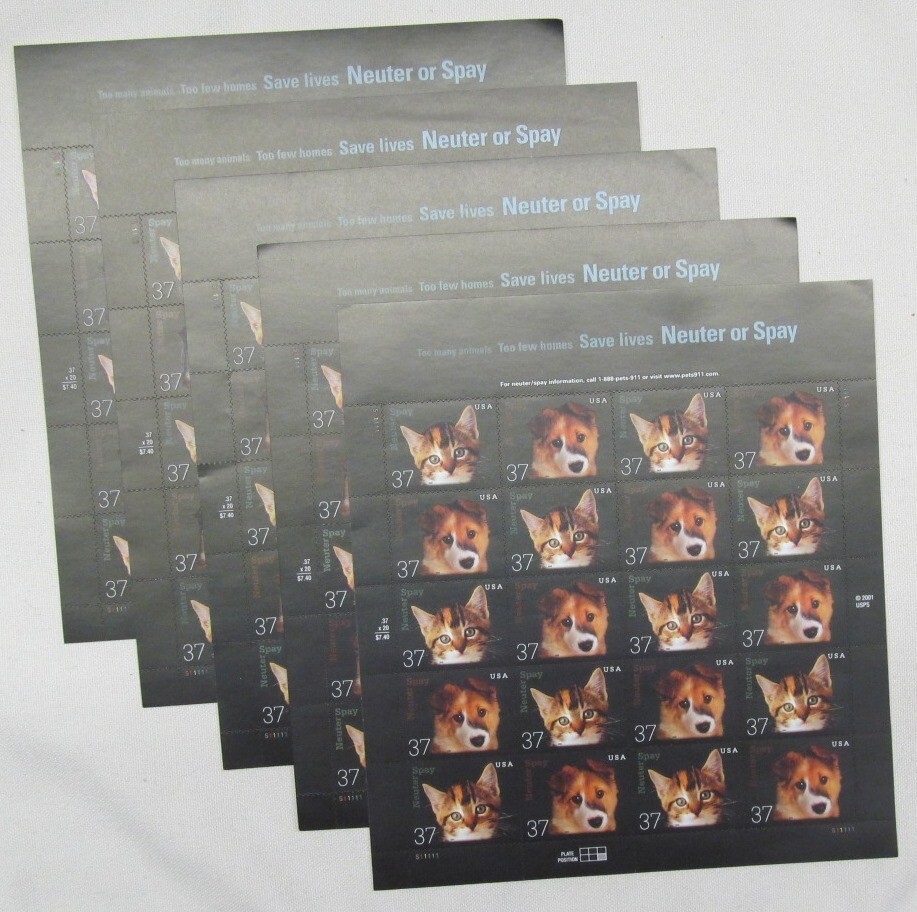 Three x 20 = 60 Save Lives NEUTER or SPAY 37¢ US Postage Stamps USA # 3670-3671