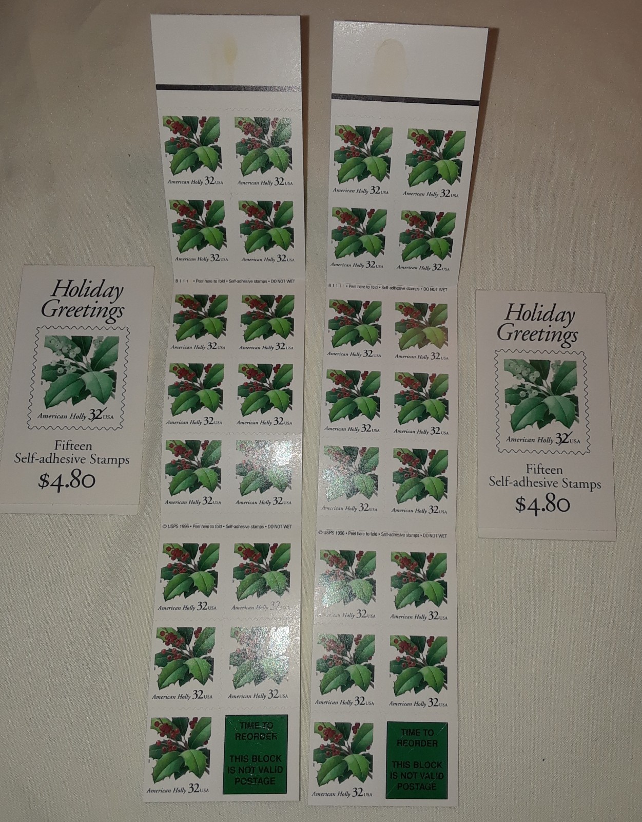 Four Booklets x 15 = 60 of 32¢ Holiday Greetings HOLLY US Postage Stamps # BK264