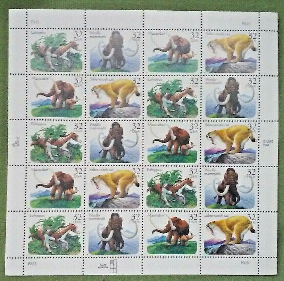 Four Sheets x 20 = 80 of PREHISTORIC ANIMALS 32¢ US Stamps. USA Sc # 3077-3080
