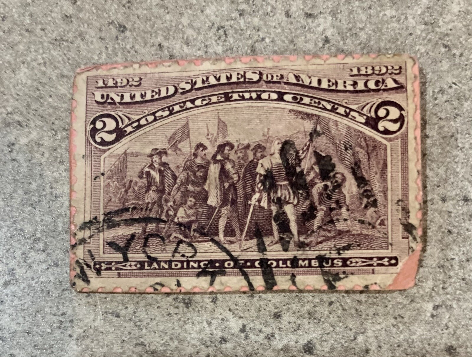 1893 2 Cent Landing of Columbus US Stamp Purple Commemorative Expo Issue.