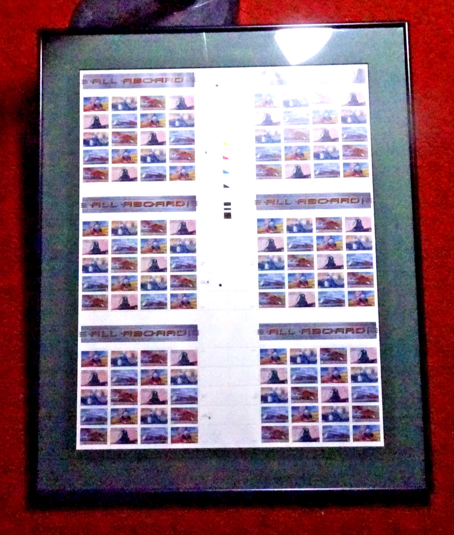 US 3333-3337 ALL ABOARD “33c” UNCUT PRESS SHEET 6 PANES PROFESSIONALLY FRAMED**