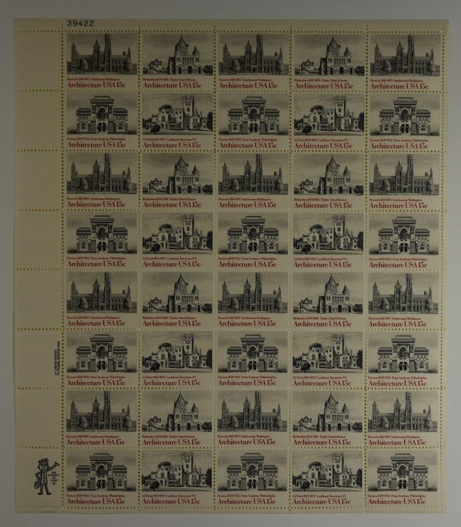 US SCOTT 1838-41 PANE OF 40 ARCHITECTURE STAMPS 15 CENT FACE MNH