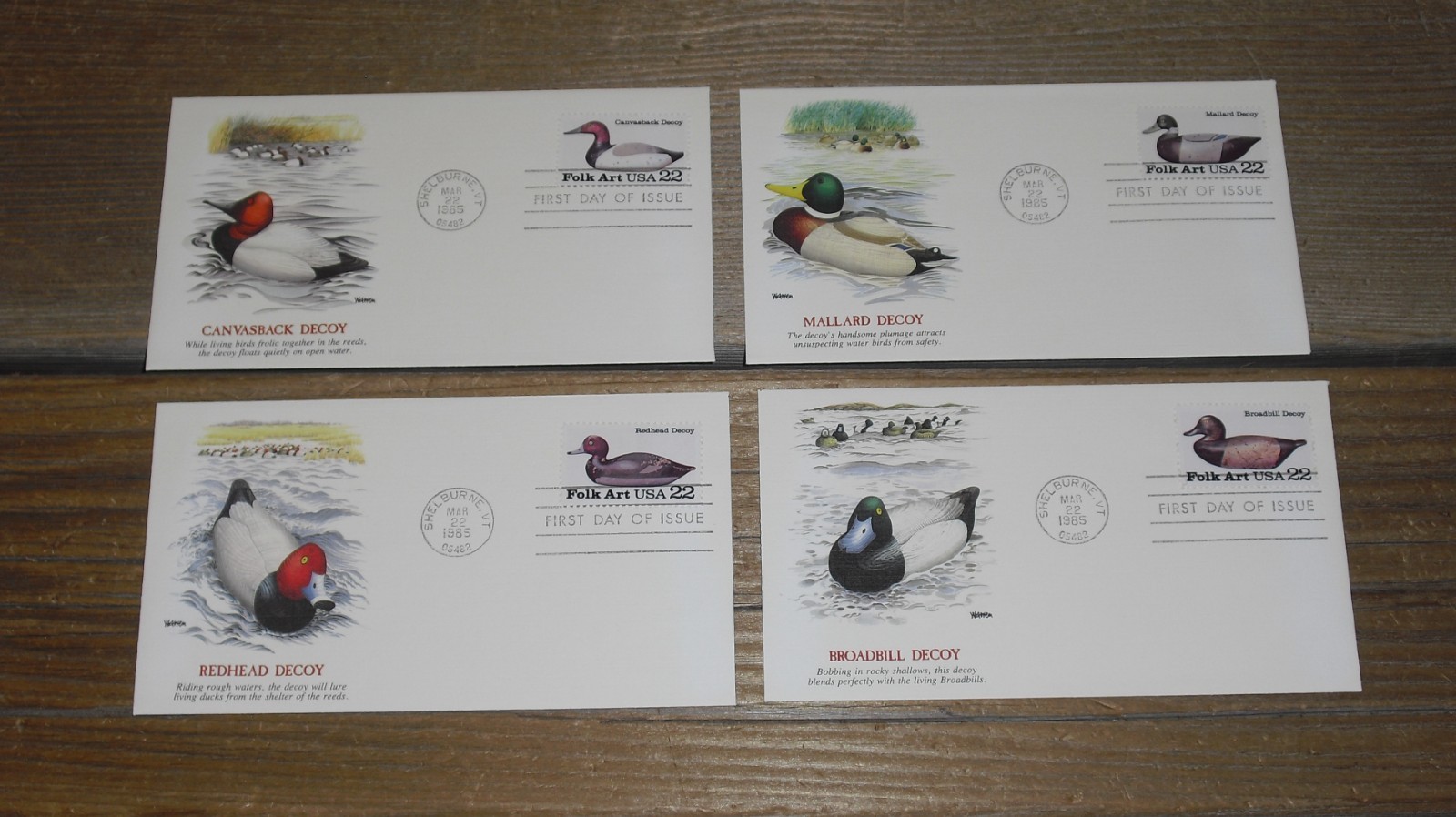 Vintage 1985 America’s Antique Duck Decoy Stamps First Day Covers (4) – Mint