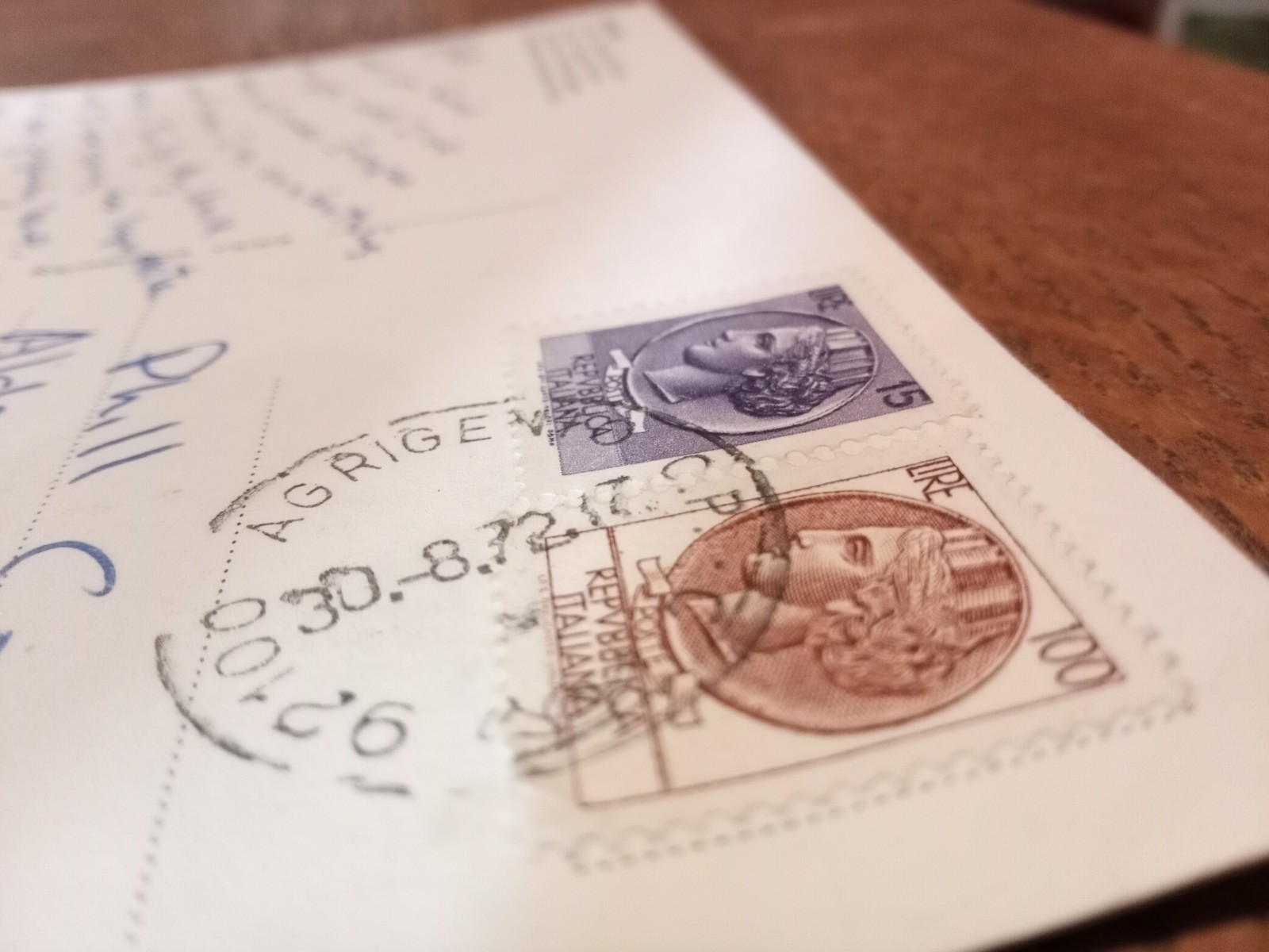 Italian Stamps Lire 100 and 15 on Post Card Watermarks