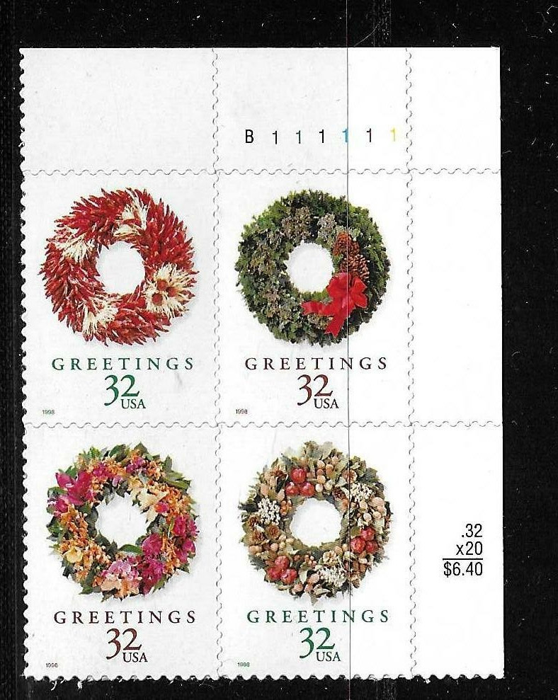 USA SC # 3252b Christmas wreaths / BLK4 Plate Number – Christmas 1998 – . MNH