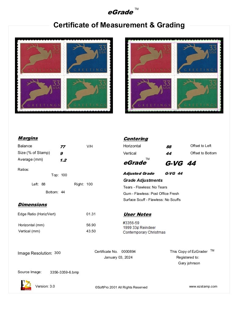 US Stamp #3356 – 3359 33c Christmas: Reindeer EzGrade™ XF MNH (Block of Four)