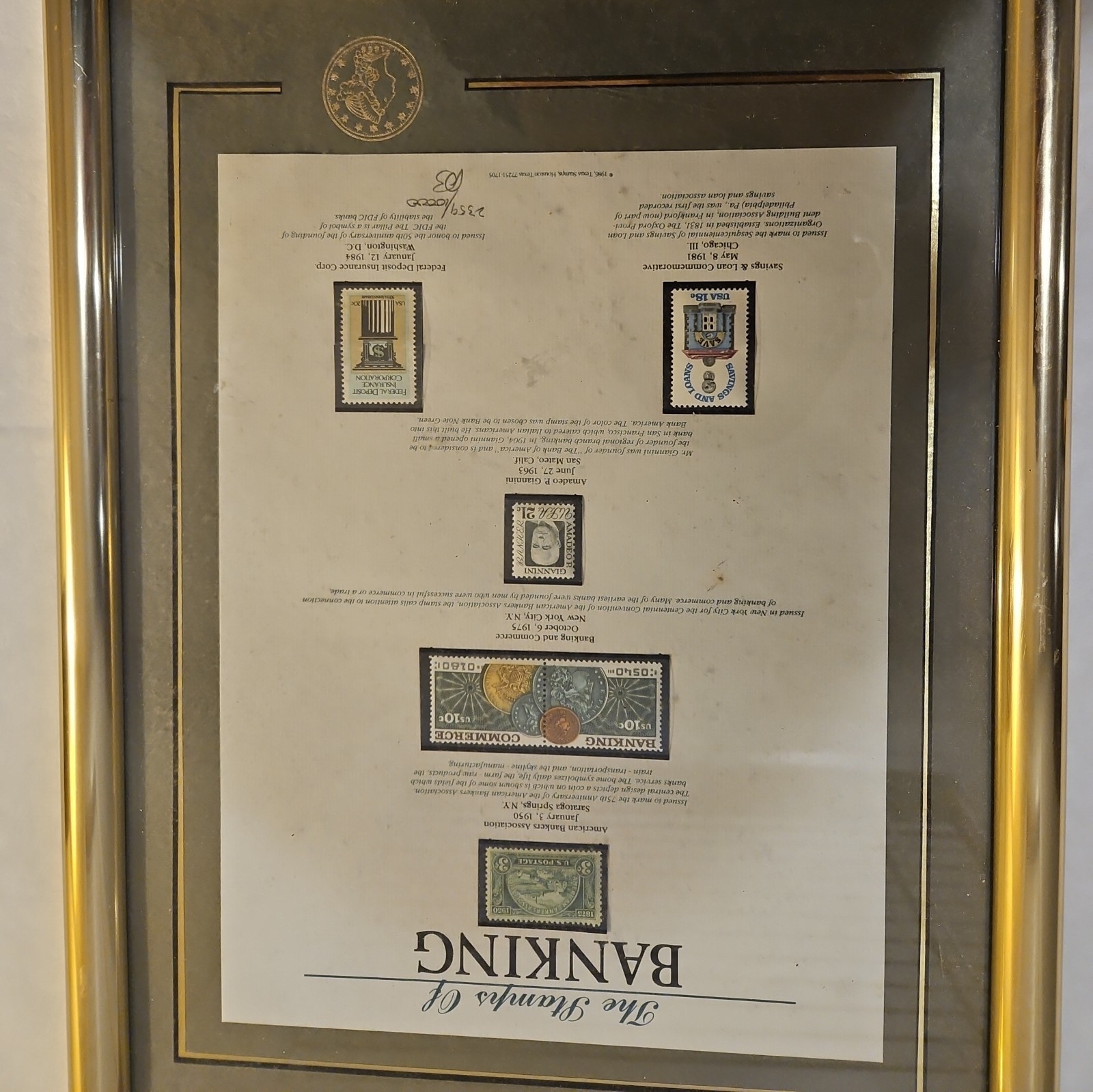 1986 The Stamps Of Banking Framed And Numbered 2359 Of 10000