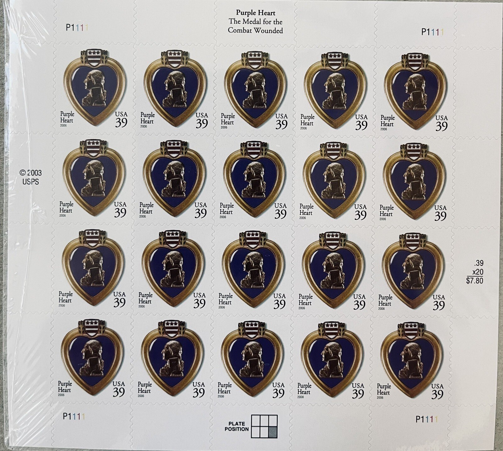 US SCOTT 4032 SHEET PANE OF 20 PURPLE HEART STAMPS 39 CENT FACE MNH FAST SHIP