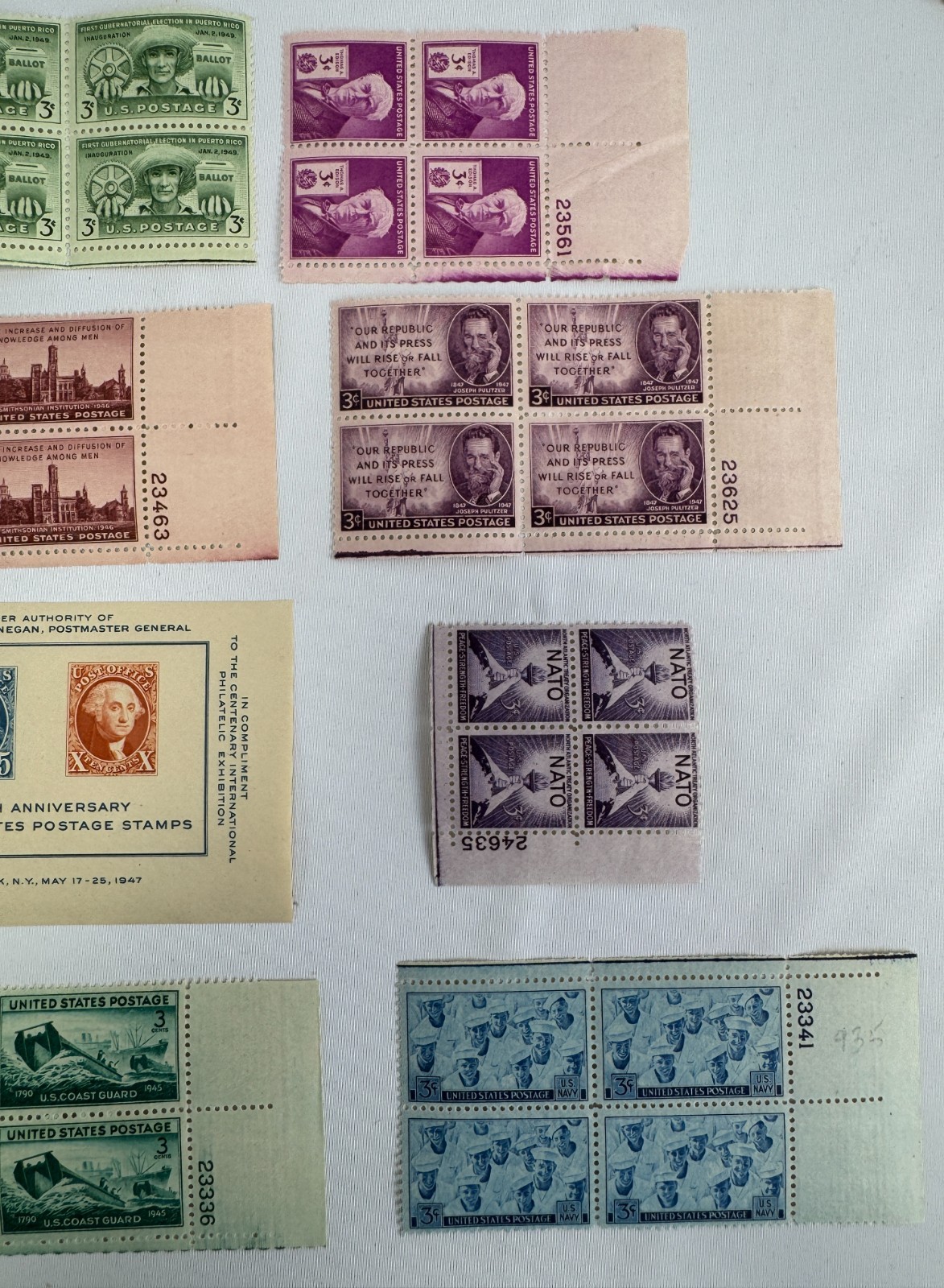 13 Mint US Plate Blocks and Souvenir Sheet 1945-1949 Post-WWII Americana