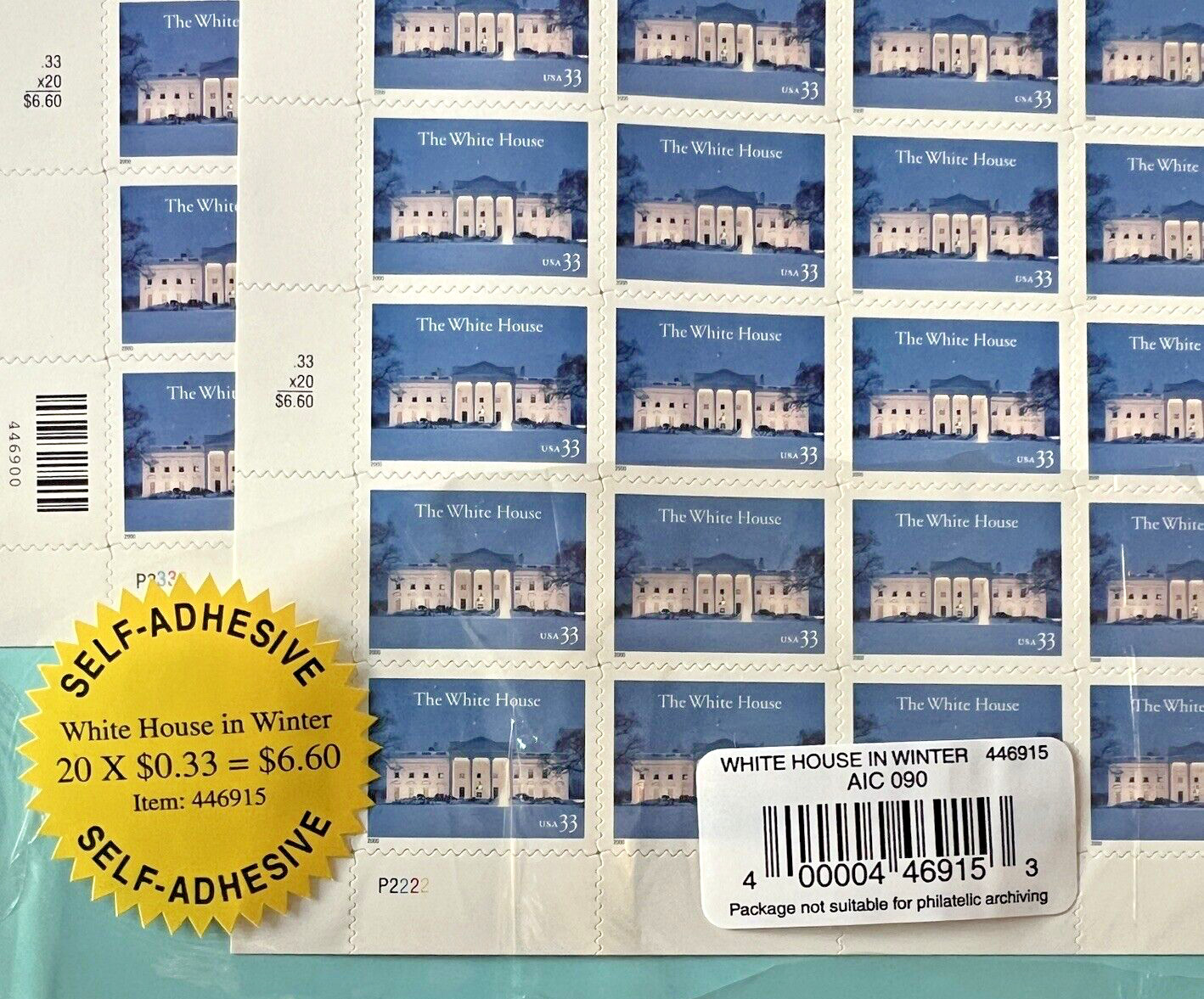 Scott #3445 THE WHITE HOUSE in Winter 33¢ – 5 Sheets x 20 = 100 Stamps | FV$33