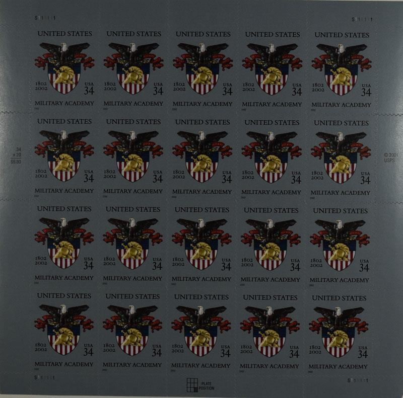 US SCOTT 3560 PANE OF 20 MILITARY ACADEMY STAMPS 34 CENTS FACE MNH