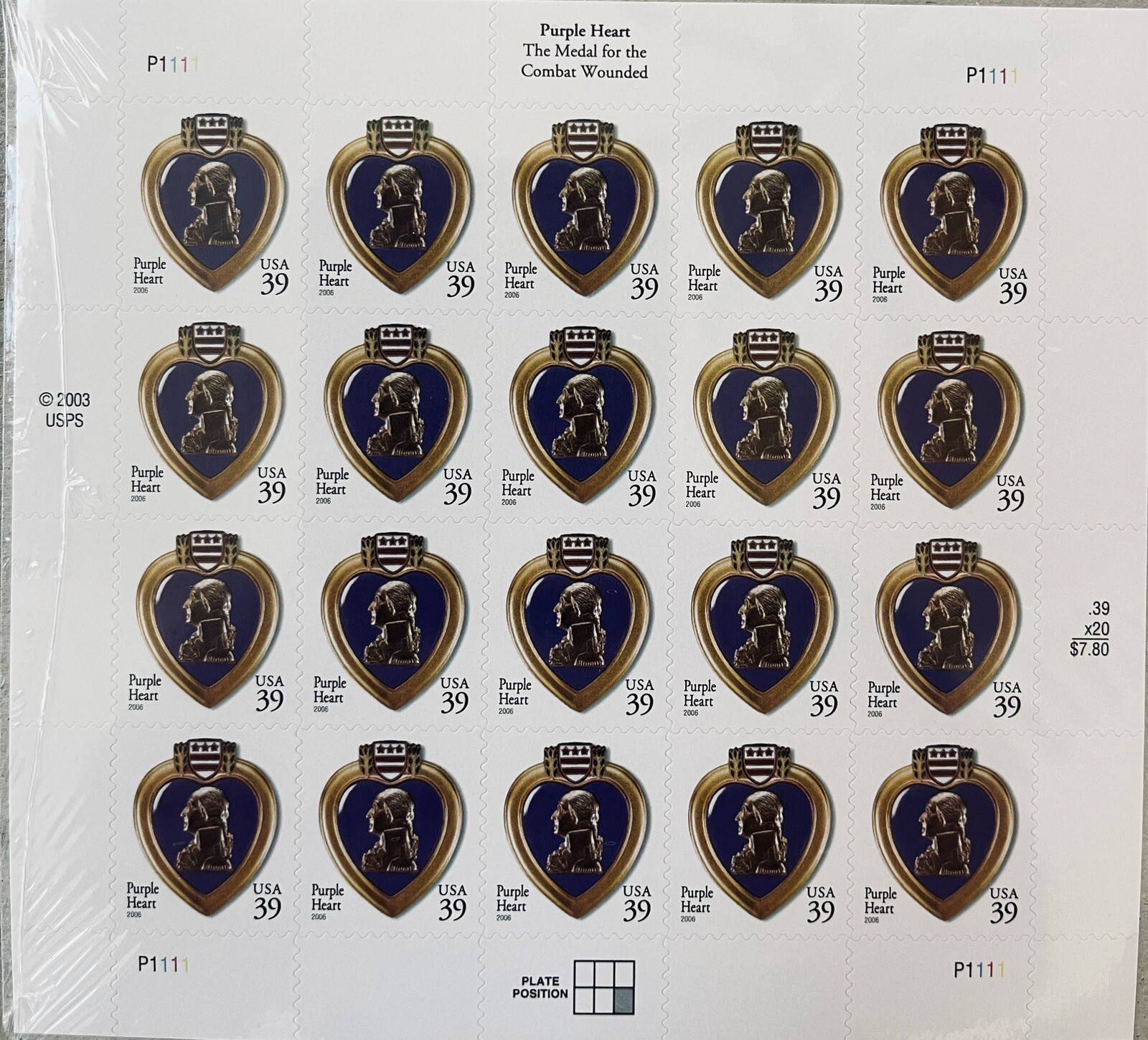 US SCOTT 4032 SHEET PANE OF 20 PURPLE HEART STAMPS 39 CENT FACE MNH FAST SHIP