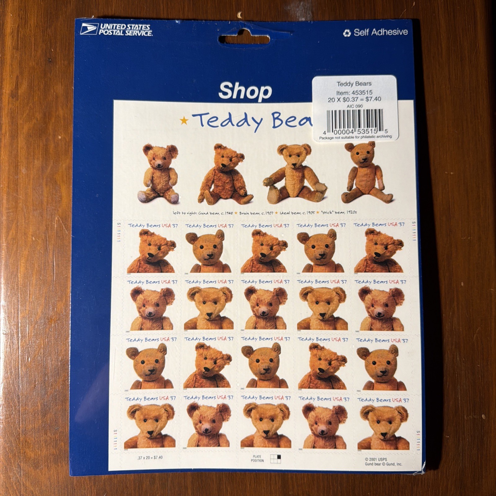 2001 Teddy Bear 37c Postage stamps Plate 20 MNH USA