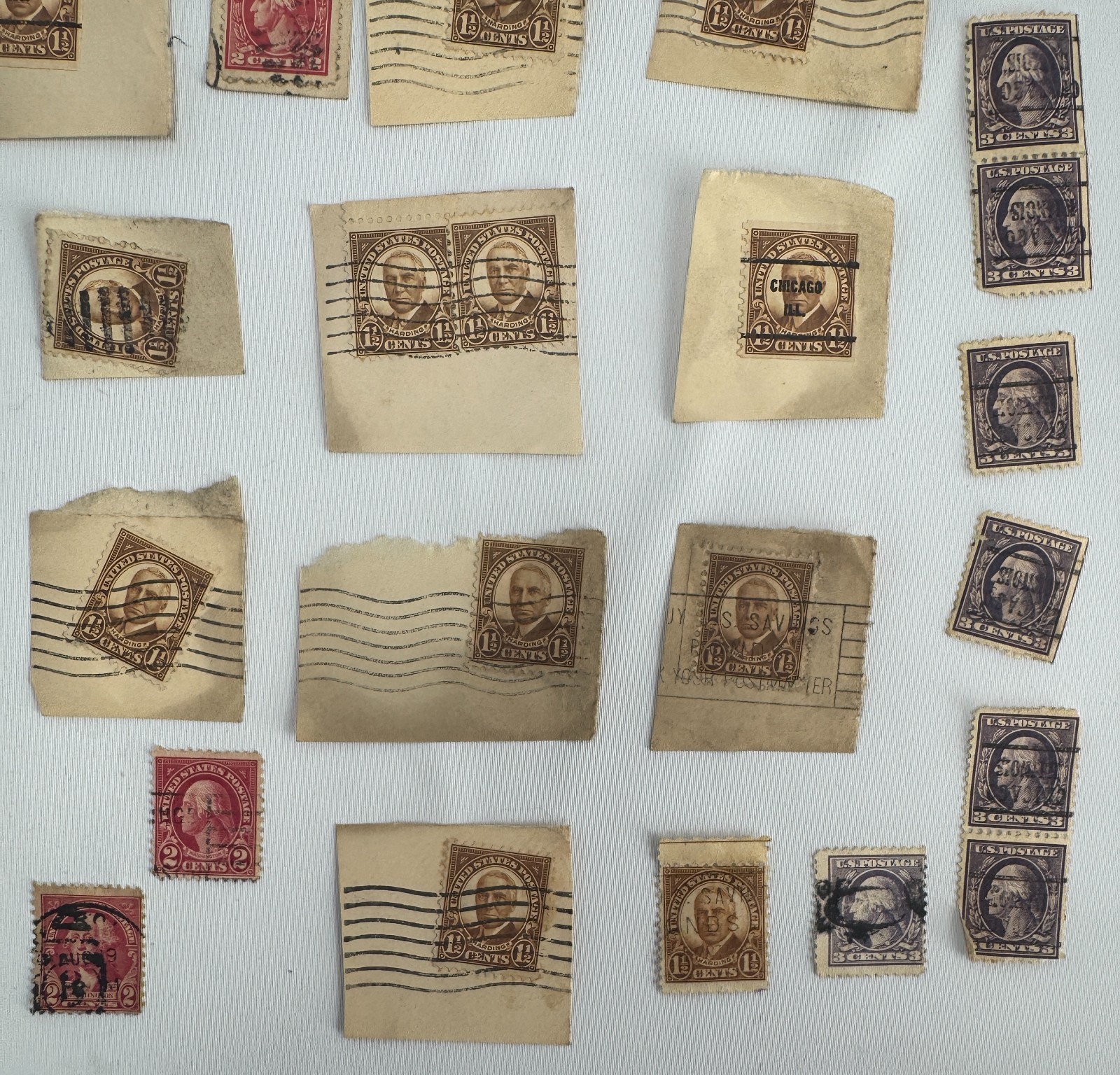 Vintage U.S. Postage Stamp Kiloware Lot on Paper Harding 1 half, Washington 2c