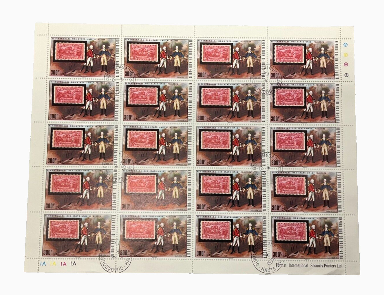 1970s US Bi-Centennial Haute-Volta (Upper Volta), sheet of 20 cancelled stamps