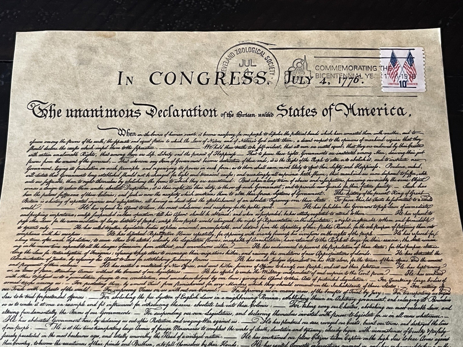 Declaration of Independence postally canceled 4 July 1976 Cleveland Zoological