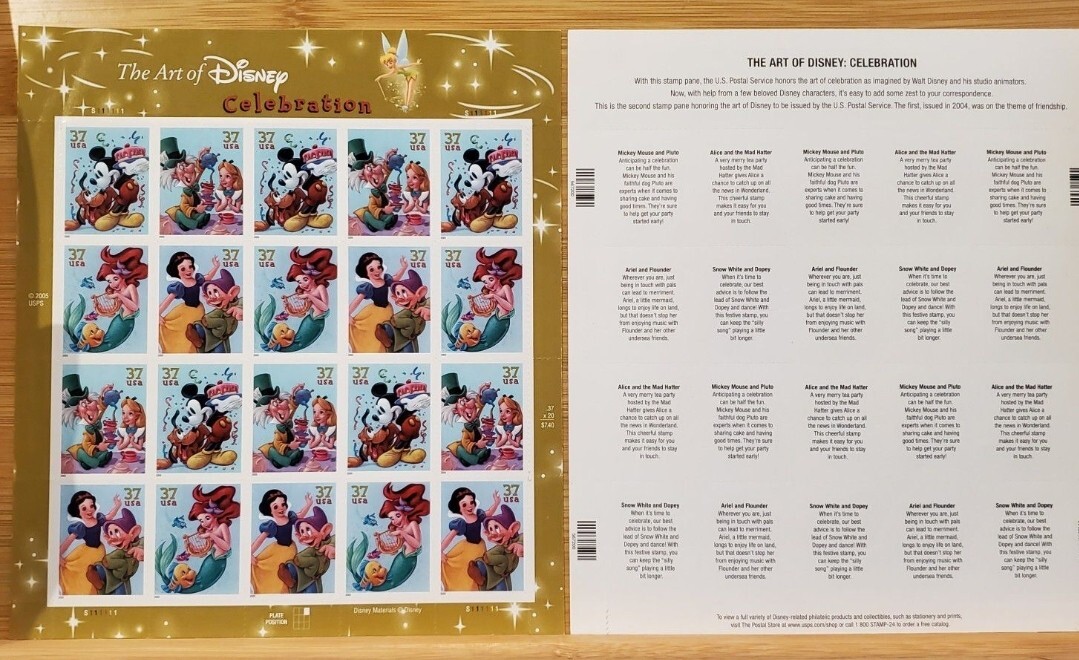 Postage stamps. The art of Disney. Celebration”(2005) 20- 37cents postage stamps