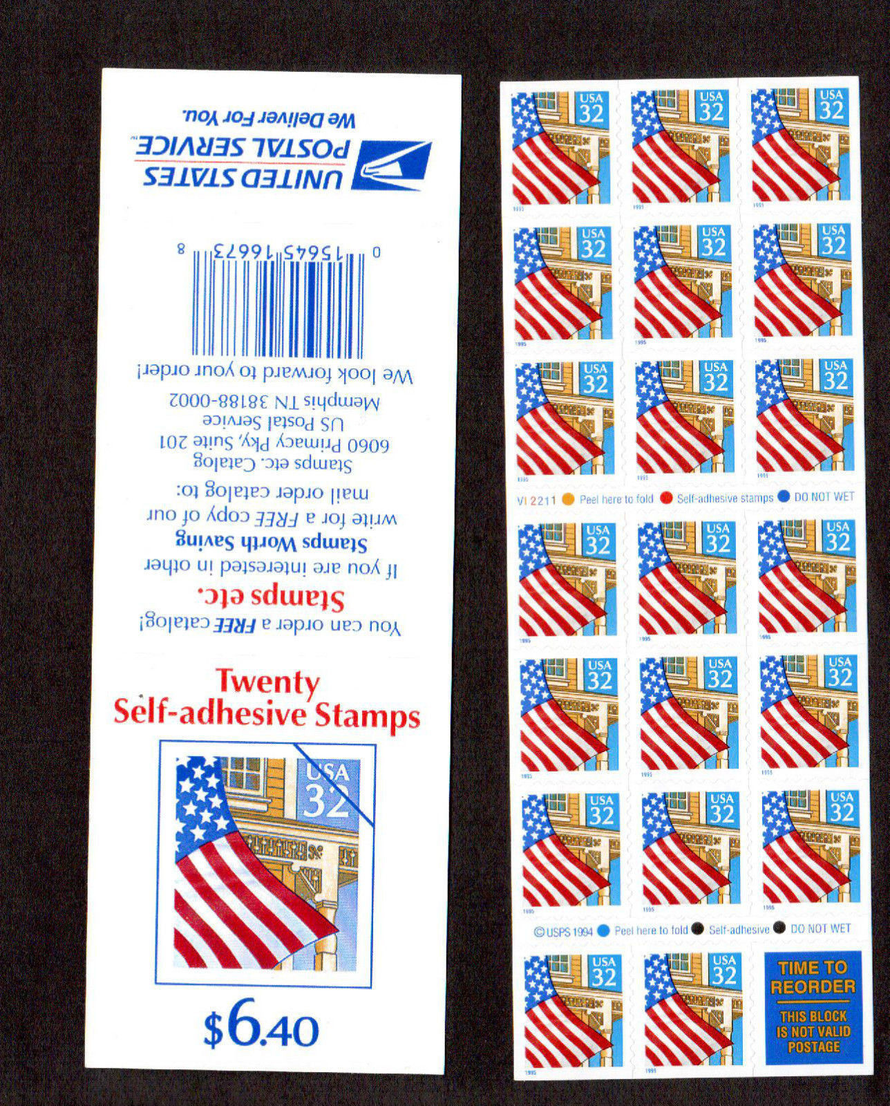 STAMPS Full Booklet of 20 # 2920 32 cent U.S. FLAG OVER PORCH 1994