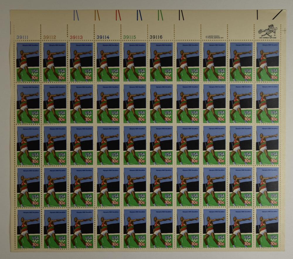 US SCOTT 1790 PANE OF 50 DECATHLON STAMPS 10 CENT FACE MNH