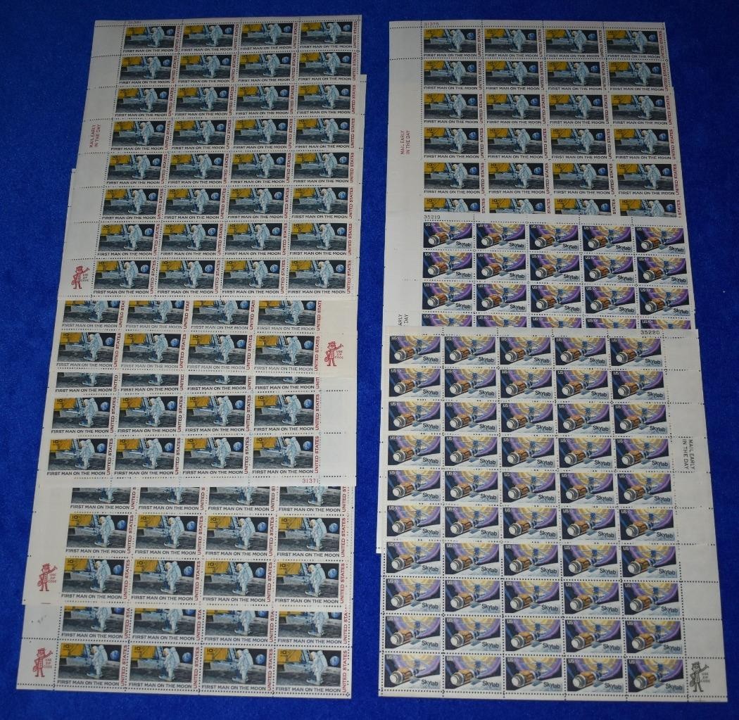Nine U.S. Postage Full Mint 10 Cent Sheets 1969 Moon Landing + Skylab