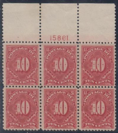 US J65 Postage Dues F – VF Mint NH Top Plate # Block cv $525